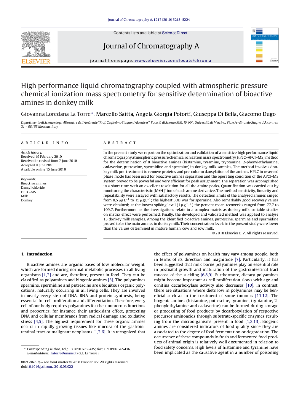 High performance liquid chromatography coupled with atmospheric pressure chemical ionization mass spectrometry for sensitive determination of bioactive amines in donkey milk