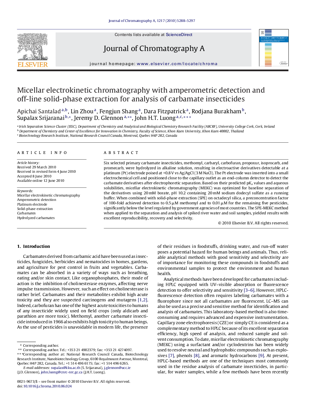 Micellar electrokinetic chromatography with amperometric detection and off-line solid-phase extraction for analysis of carbamate insecticides