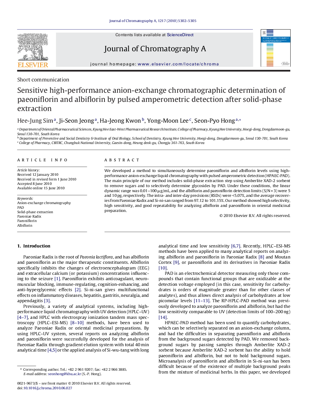 Sensitive high-performance anion-exchange chromatographic determination of paeoniflorin and albiflorin by pulsed amperometric detection after solid-phase extraction