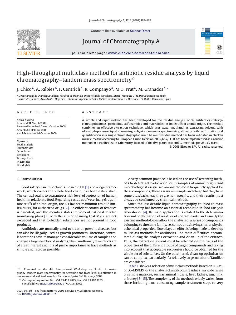 High-throughput multiclass method for antibiotic residue analysis by liquid chromatography–tandem mass spectrometry 