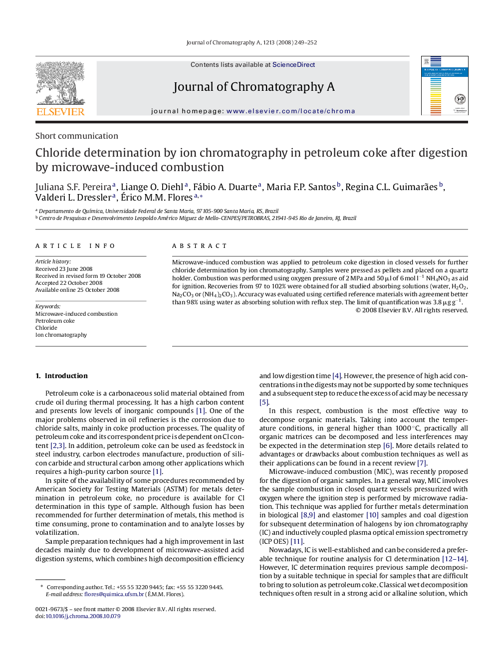 Chloride determination by ion chromatography in petroleum coke after digestion by microwave-induced combustion