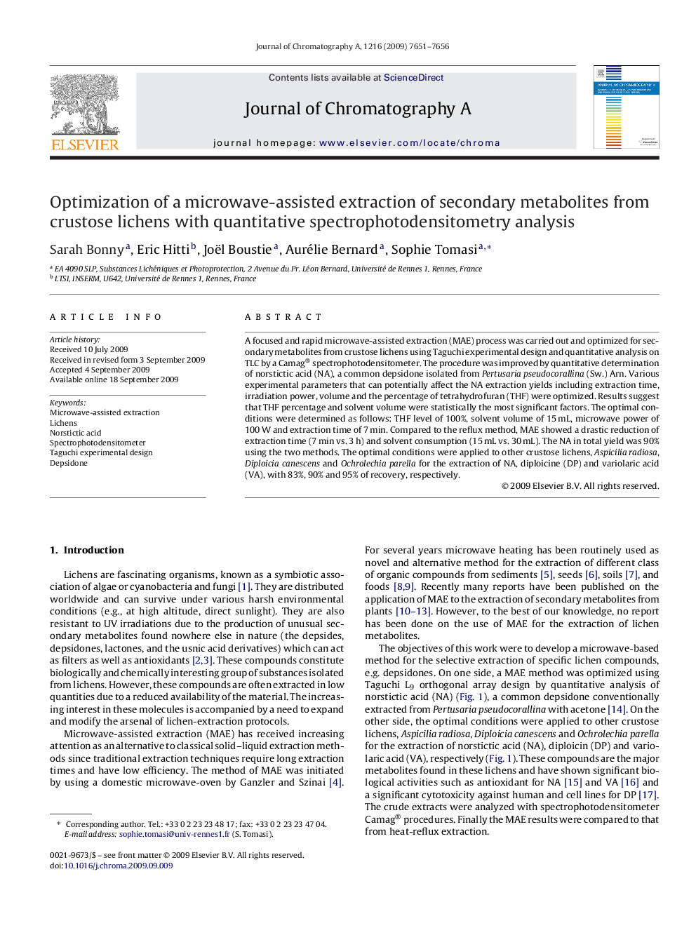 Optimization of a microwave-assisted extraction of secondary metabolites from crustose lichens with quantitative spectrophotodensitometry analysis