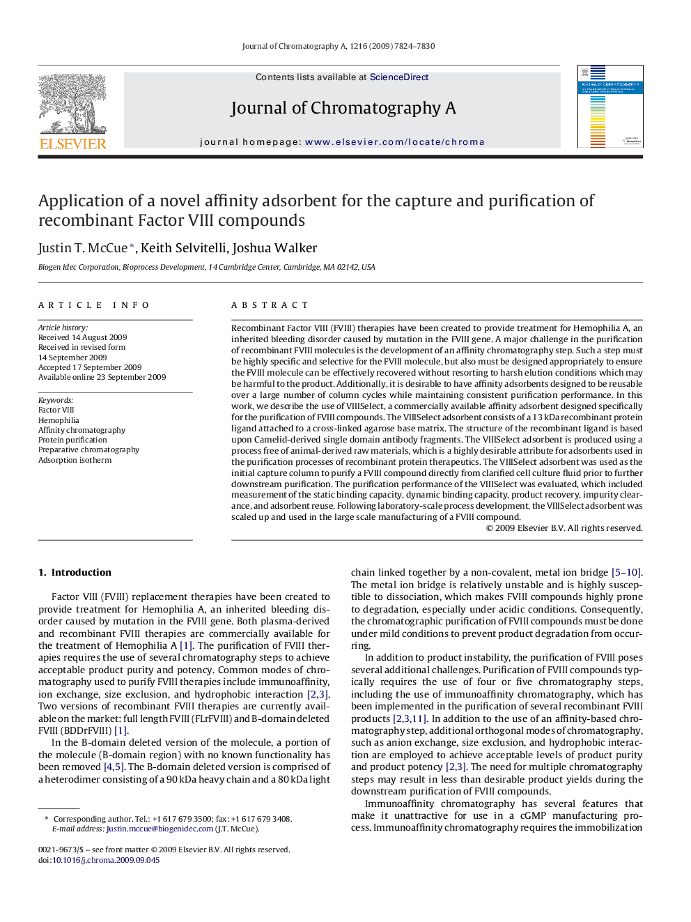 Application of a novel affinity adsorbent for the capture and purification of recombinant Factor VIII compounds