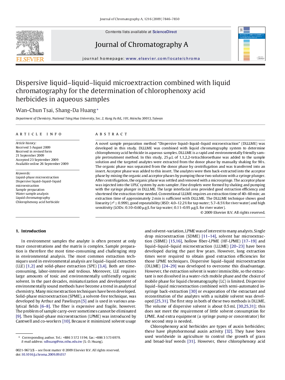 Dispersive liquid–liquid–liquid microextraction combined with liquid chromatography for the determination of chlorophenoxy acid herbicides in aqueous samples