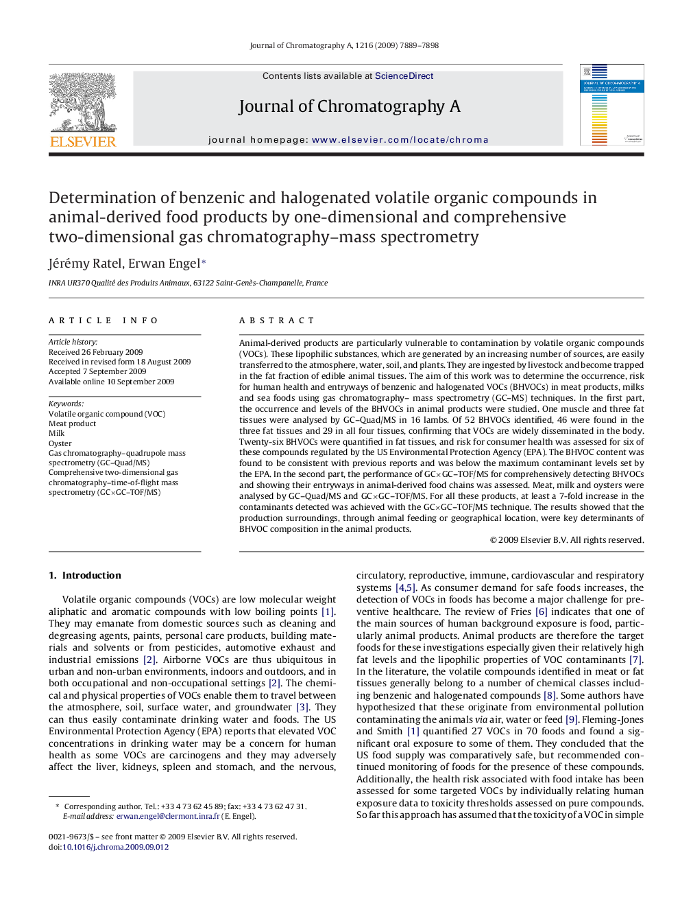 Determination of benzenic and halogenated volatile organic compounds in animal-derived food products by one-dimensional and comprehensive two-dimensional gas chromatography–mass spectrometry