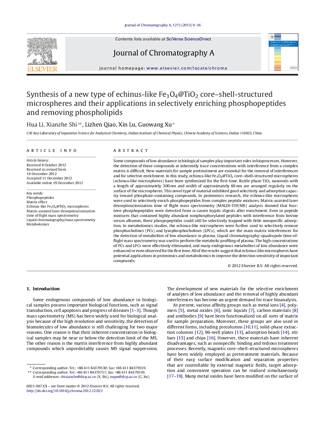 Synthesis of a new type of echinus-like Fe3O4@TiO2 core–shell-structured microspheres and their applications in selectively enriching phosphopeptides and removing phospholipids