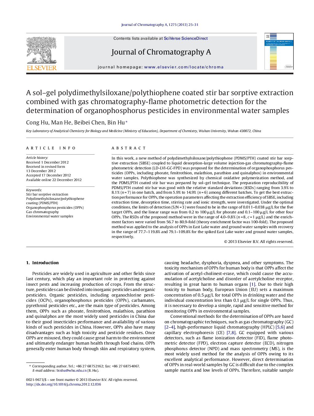 A sol–gel polydimethylsiloxane/polythiophene coated stir bar sorptive extraction combined with gas chromatography-flame photometric detection for the determination of organophosphorus pesticides in environmental water samples