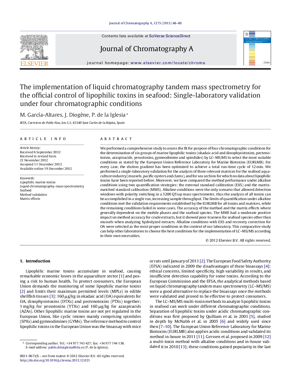 The implementation of liquid chromatography tandem mass spectrometry for the official control of lipophilic toxins in seafood: Single-laboratory validation under four chromatographic conditions