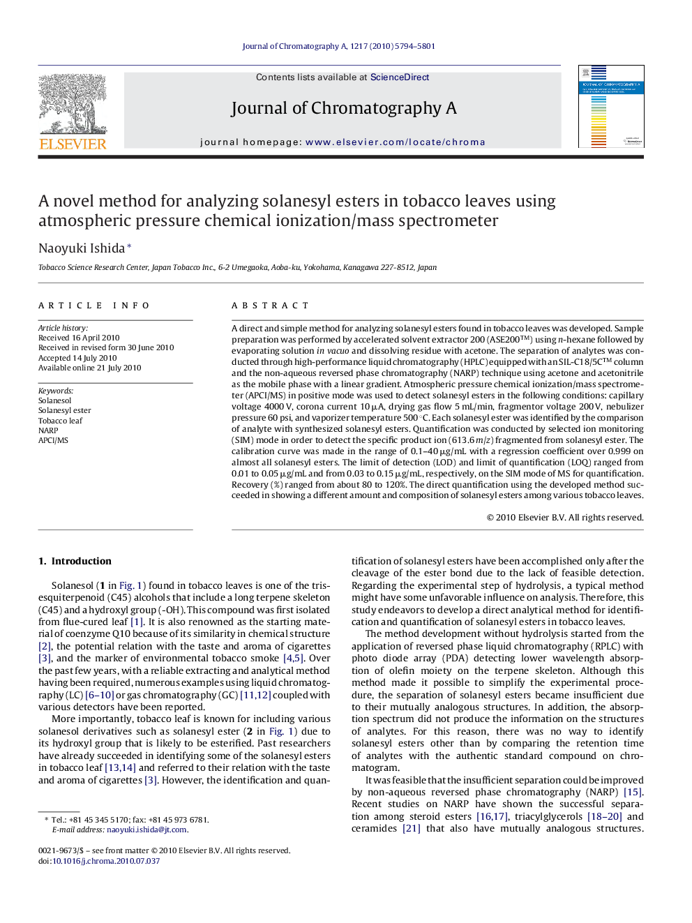 A novel method for analyzing solanesyl esters in tobacco leaves using atmospheric pressure chemical ionization/mass spectrometer