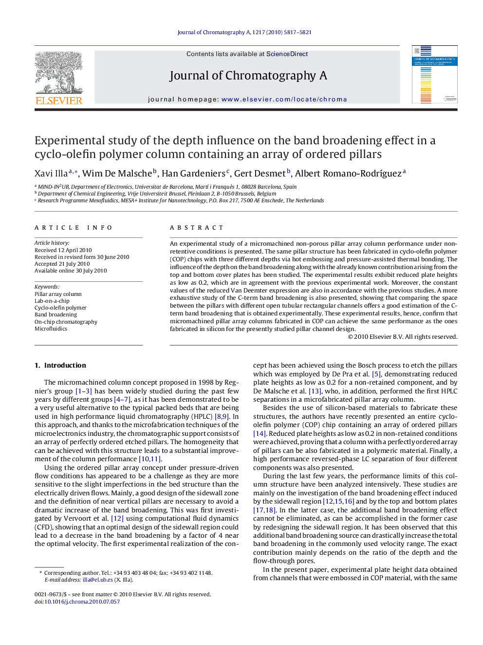 Experimental study of the depth influence on the band broadening effect in a cyclo-olefin polymer column containing an array of ordered pillars