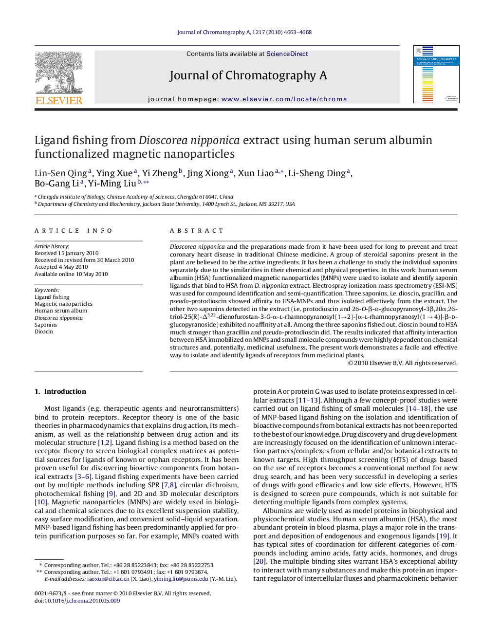 Ligand fishing from Dioscorea nipponica extract using human serum albumin functionalized magnetic nanoparticles