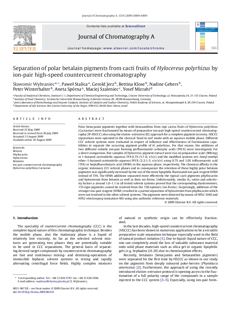 Separation of polar betalain pigments from cacti fruits of Hylocereus polyrhizus by ion-pair high-speed countercurrent chromatography