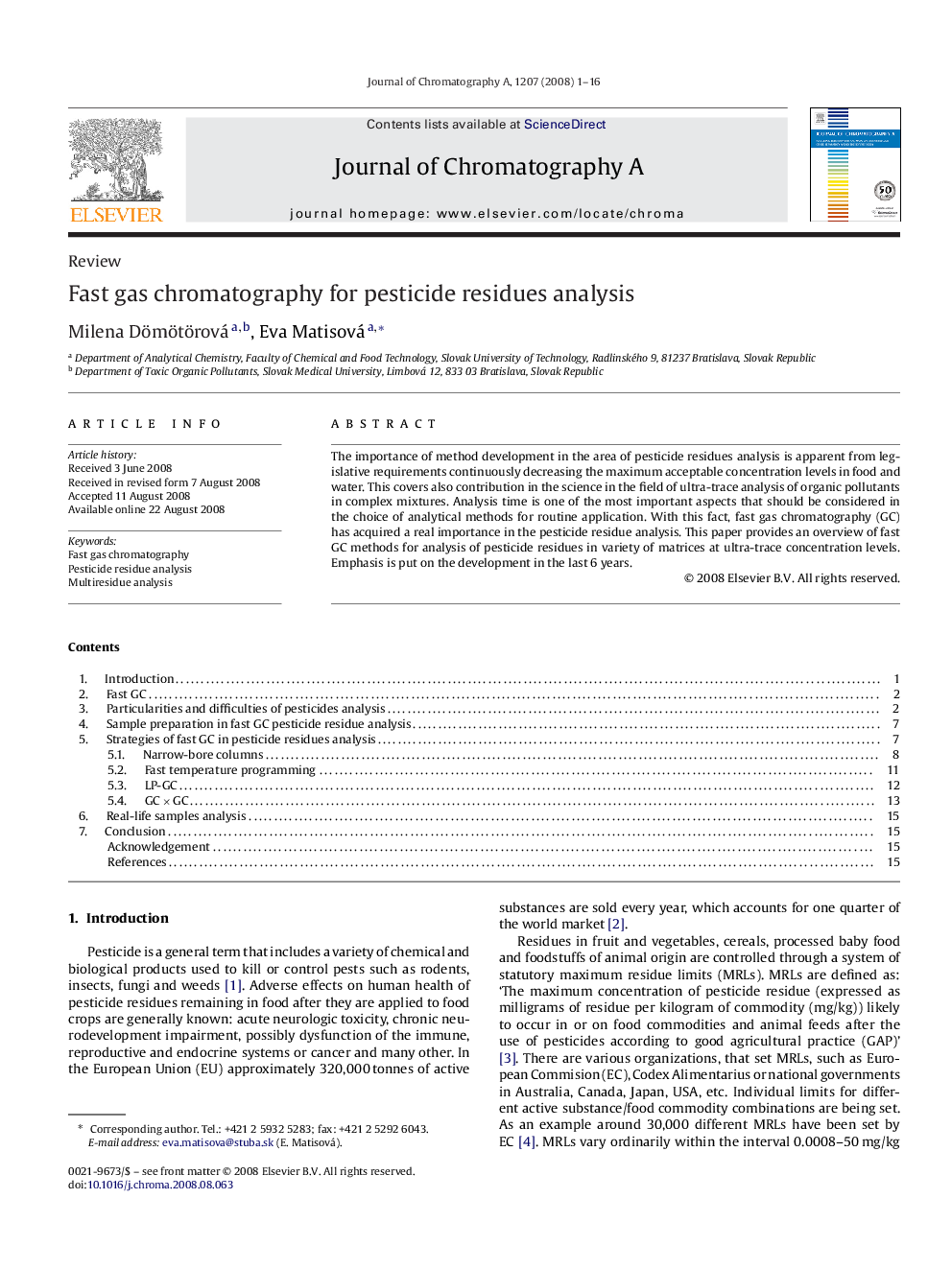 Fast gas chromatography for pesticide residues analysis