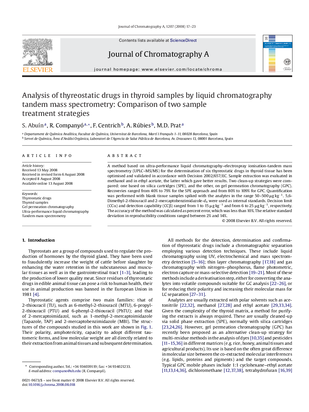 Analysis of thyreostatic drugs in thyroid samples by liquid chromatography tandem mass spectrometry: Comparison of two sample treatment strategies