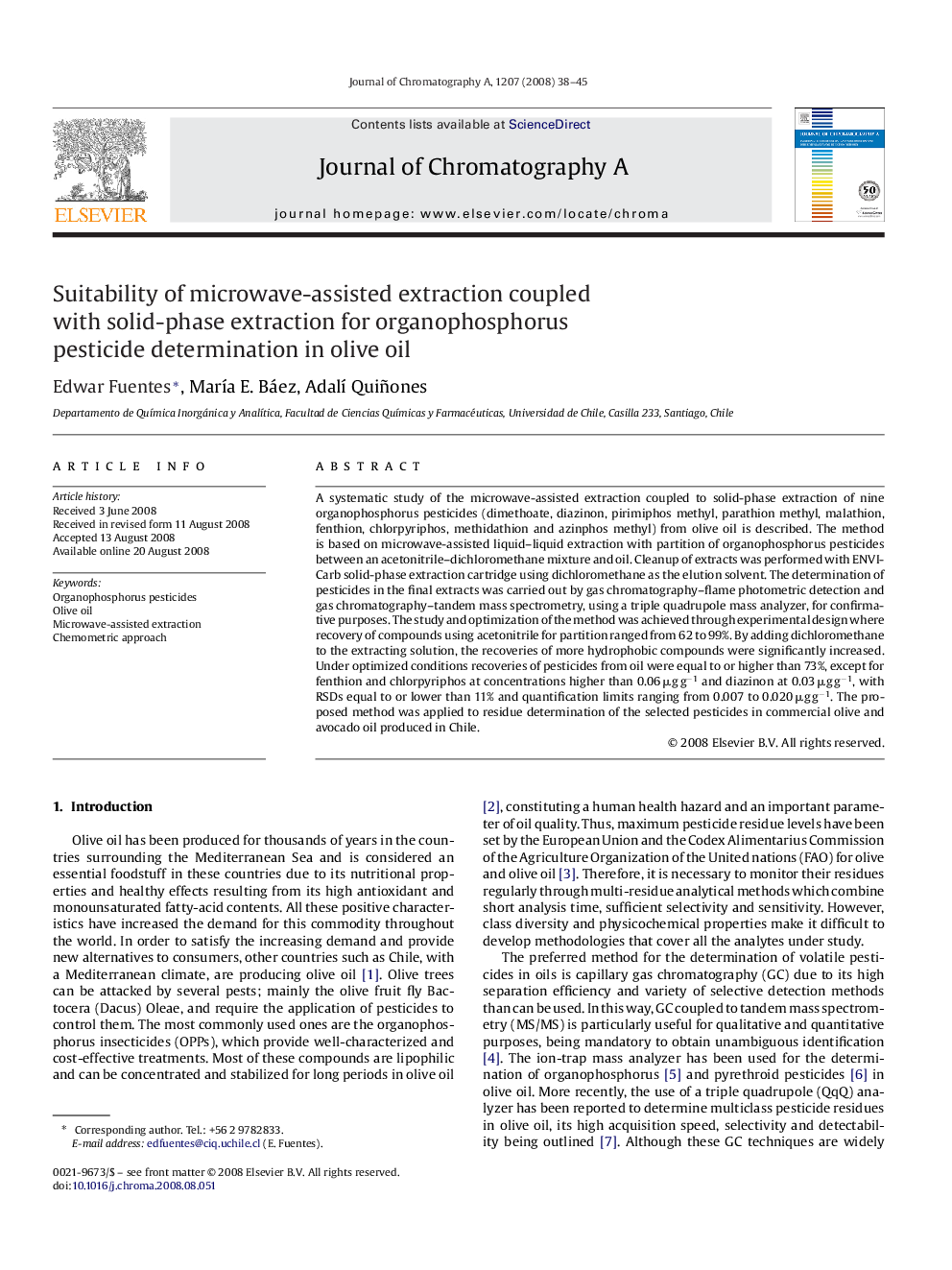 Suitability of microwave-assisted extraction coupled with solid-phase extraction for organophosphorus pesticide determination in olive oil