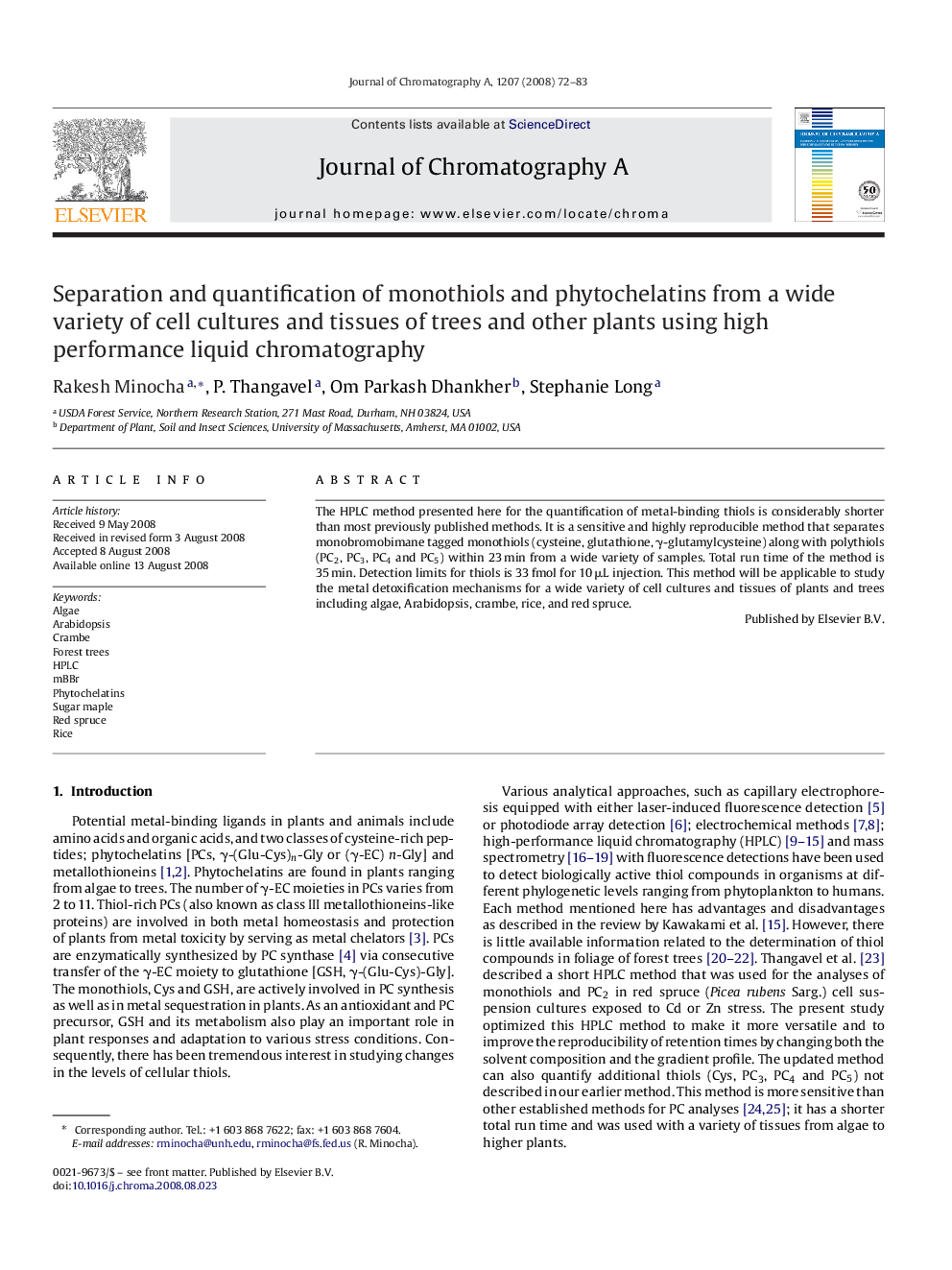 Separation and quantification of monothiols and phytochelatins from a wide variety of cell cultures and tissues of trees and other plants using high performance liquid chromatography