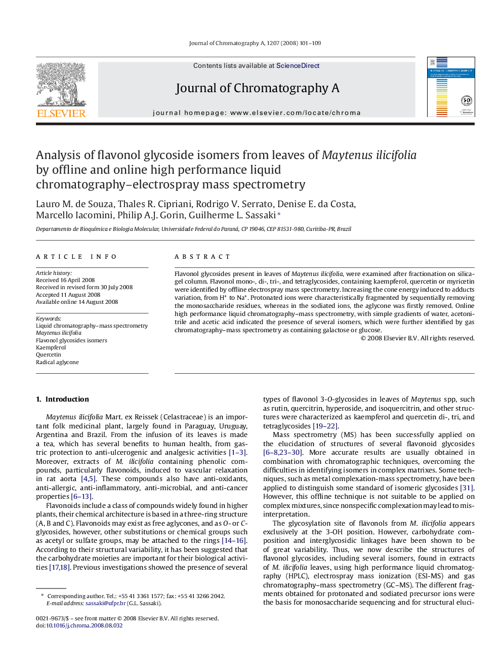 Analysis of flavonol glycoside isomers from leaves of Maytenus ilicifolia by offline and online high performance liquid chromatography–electrospray mass spectrometry