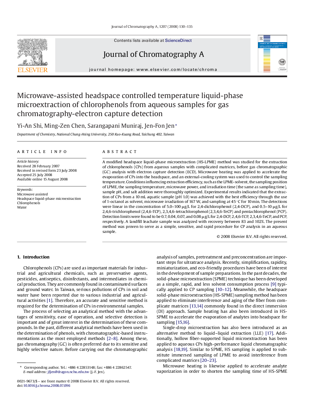 Microwave-assisted headspace controlled temperature liquid-phase microextraction of chlorophenols from aqueous samples for gas chromatography-electron capture detection