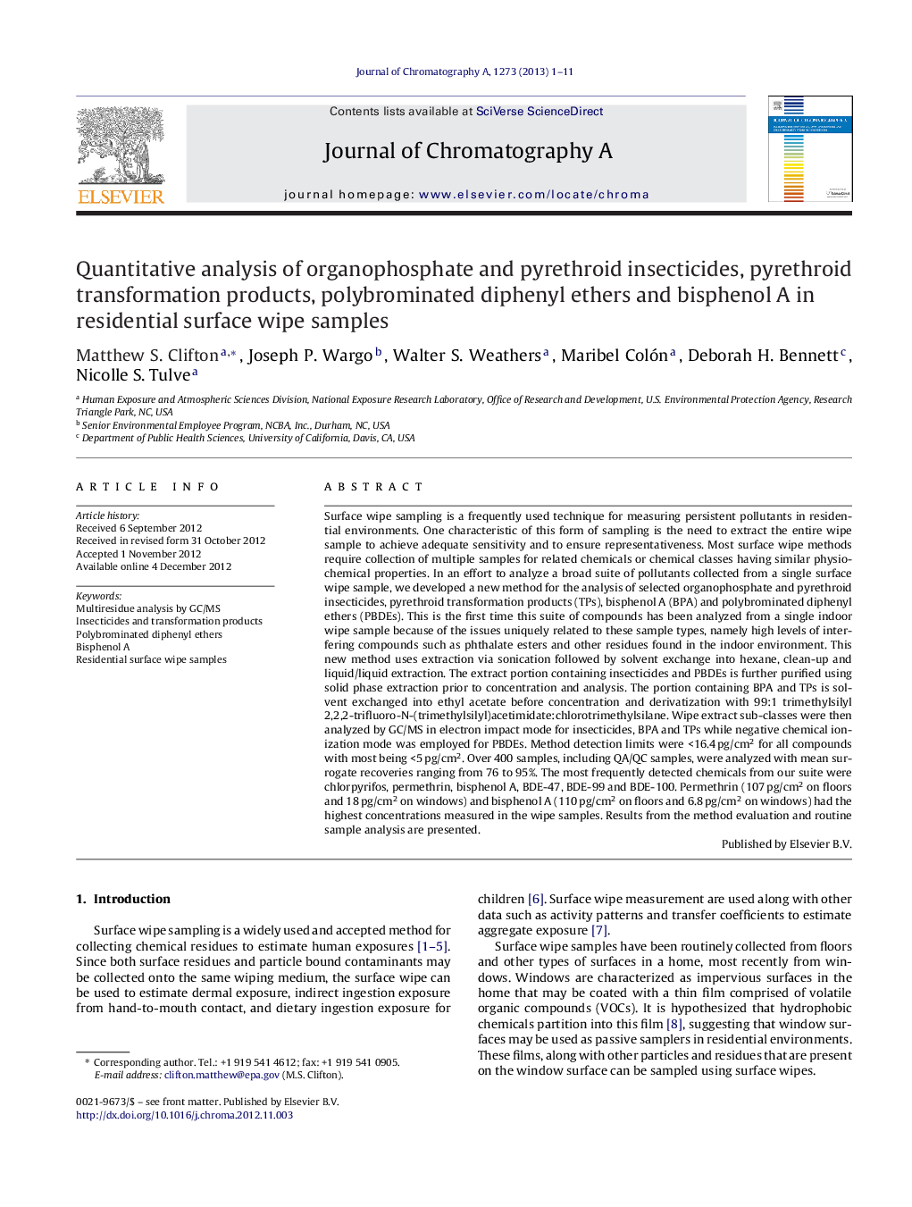 Quantitative analysis of organophosphate and pyrethroid insecticides, pyrethroid transformation products, polybrominated diphenyl ethers and bisphenol A in residential surface wipe samples