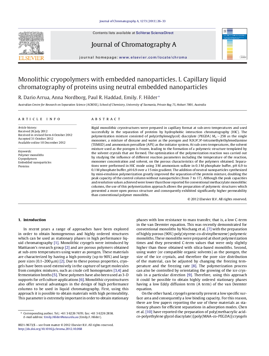 عکس صفحه اول مقاله: Monolithic cryopolymers with embedded nanoparticles. I. Capillary liquid chromatography of proteins using neutral embedded nanoparticles Monolithic cryopolymers with embedded nanoparticles. I. Capillary liquid chromatography of proteins using neutral embedded nanoparticles