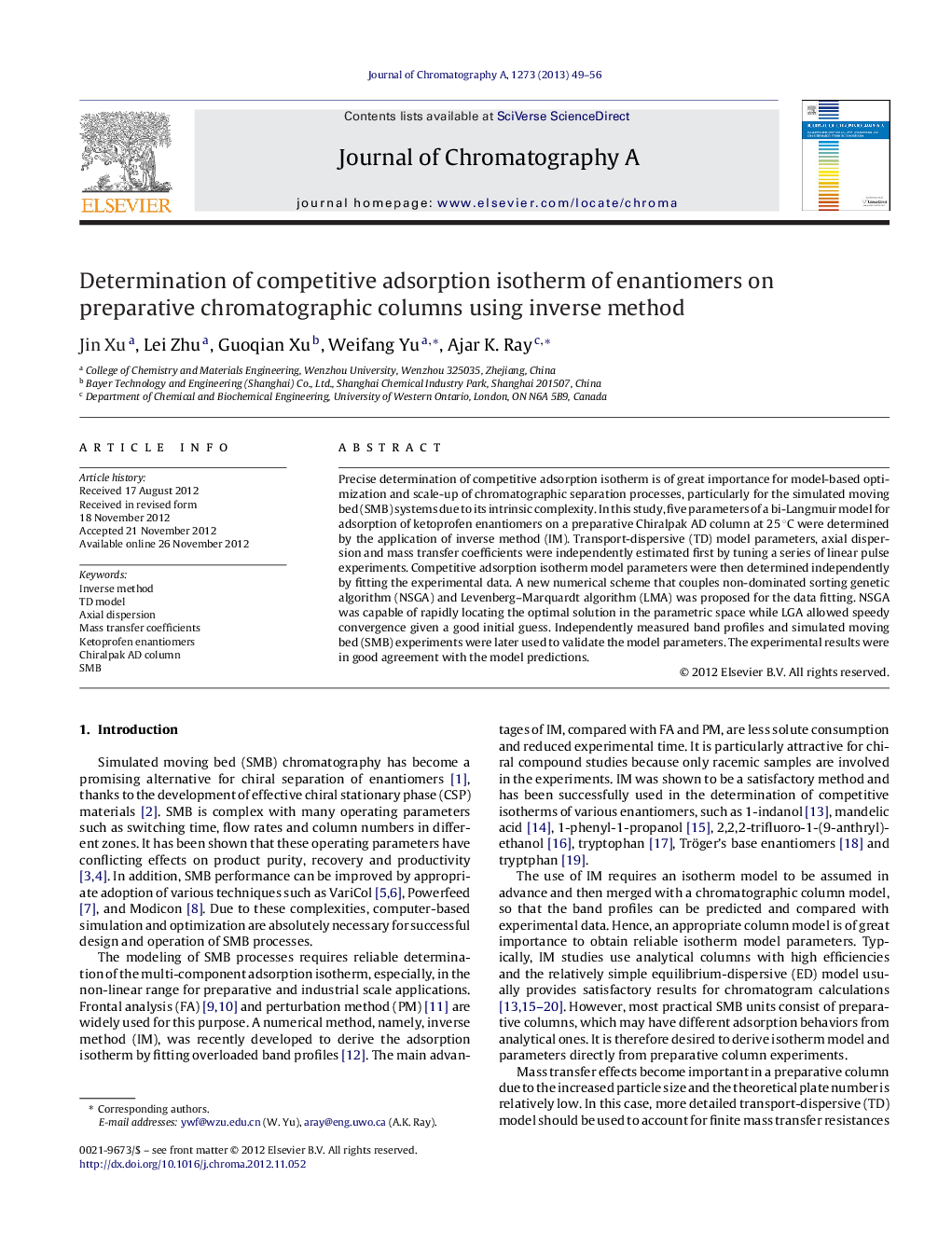 Determination of competitive adsorption isotherm of enantiomers on preparative chromatographic columns using inverse method