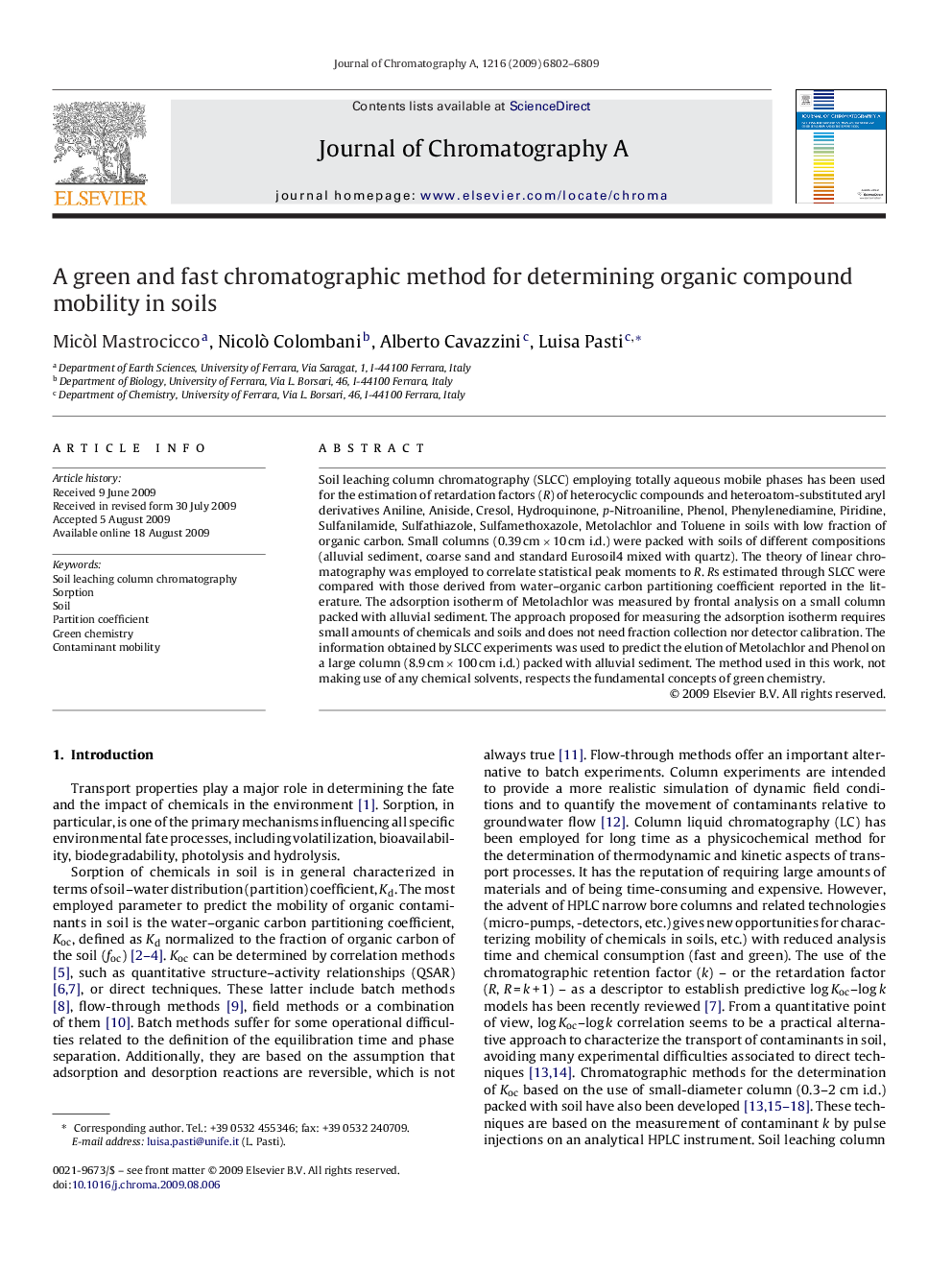 A green and fast chromatographic method for determining organic compound mobility in soils