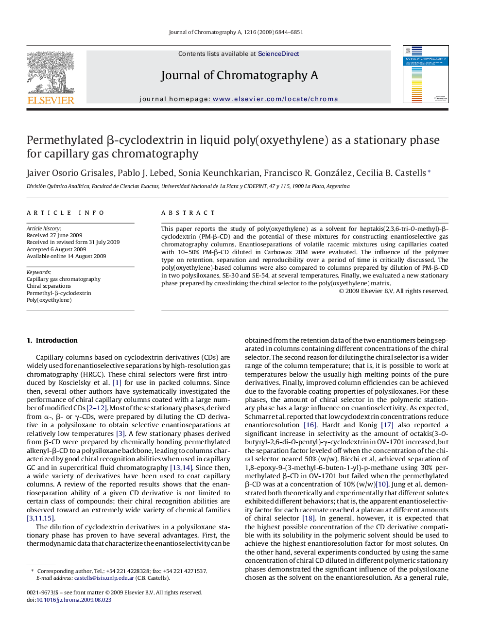 Permethylated β-cyclodextrin in liquid poly(oxyethylene) as a stationary phase for capillary gas chromatography