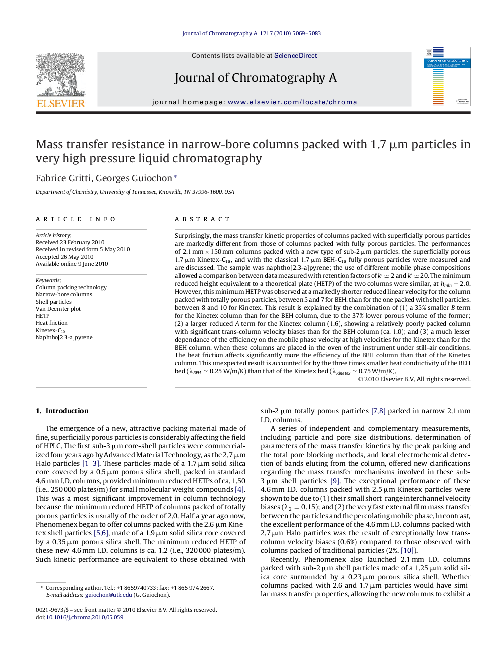 Mass transfer resistance in narrow-bore columns packed with 1.7 μm particles in very high pressure liquid chromatography