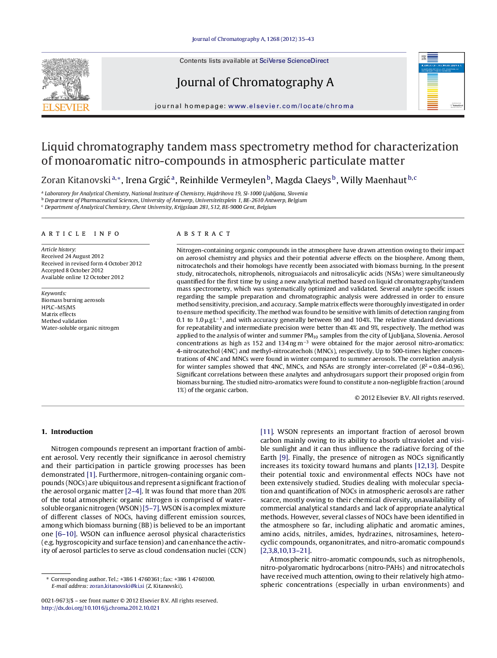 Liquid chromatography tandem mass spectrometry method for characterization of monoaromatic nitro-compounds in atmospheric particulate matter