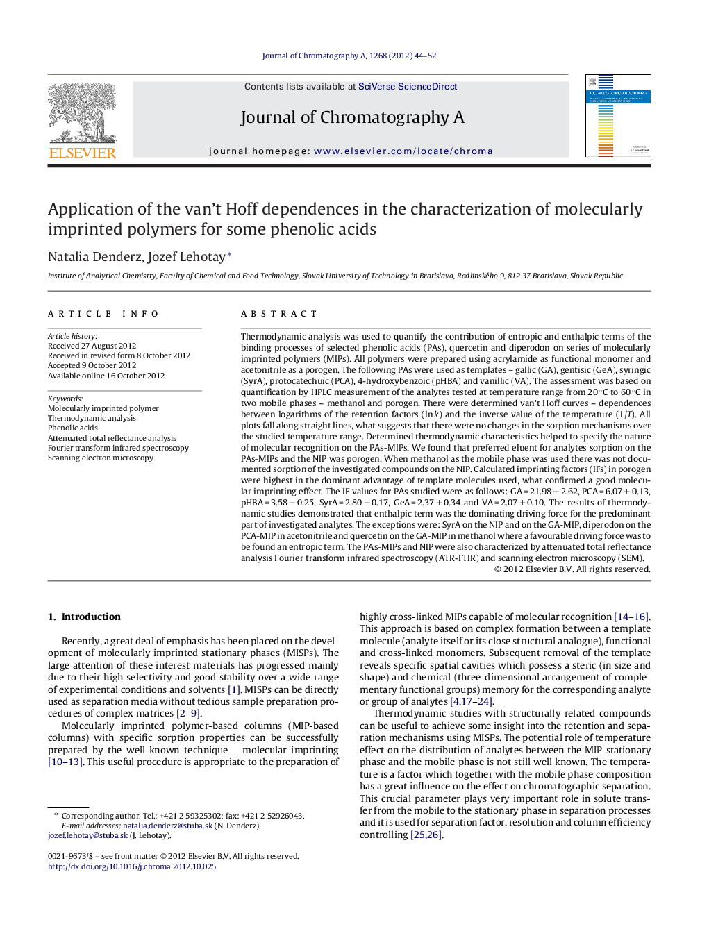 Application of the van’t Hoff dependences in the characterization of molecularly imprinted polymers for some phenolic acids