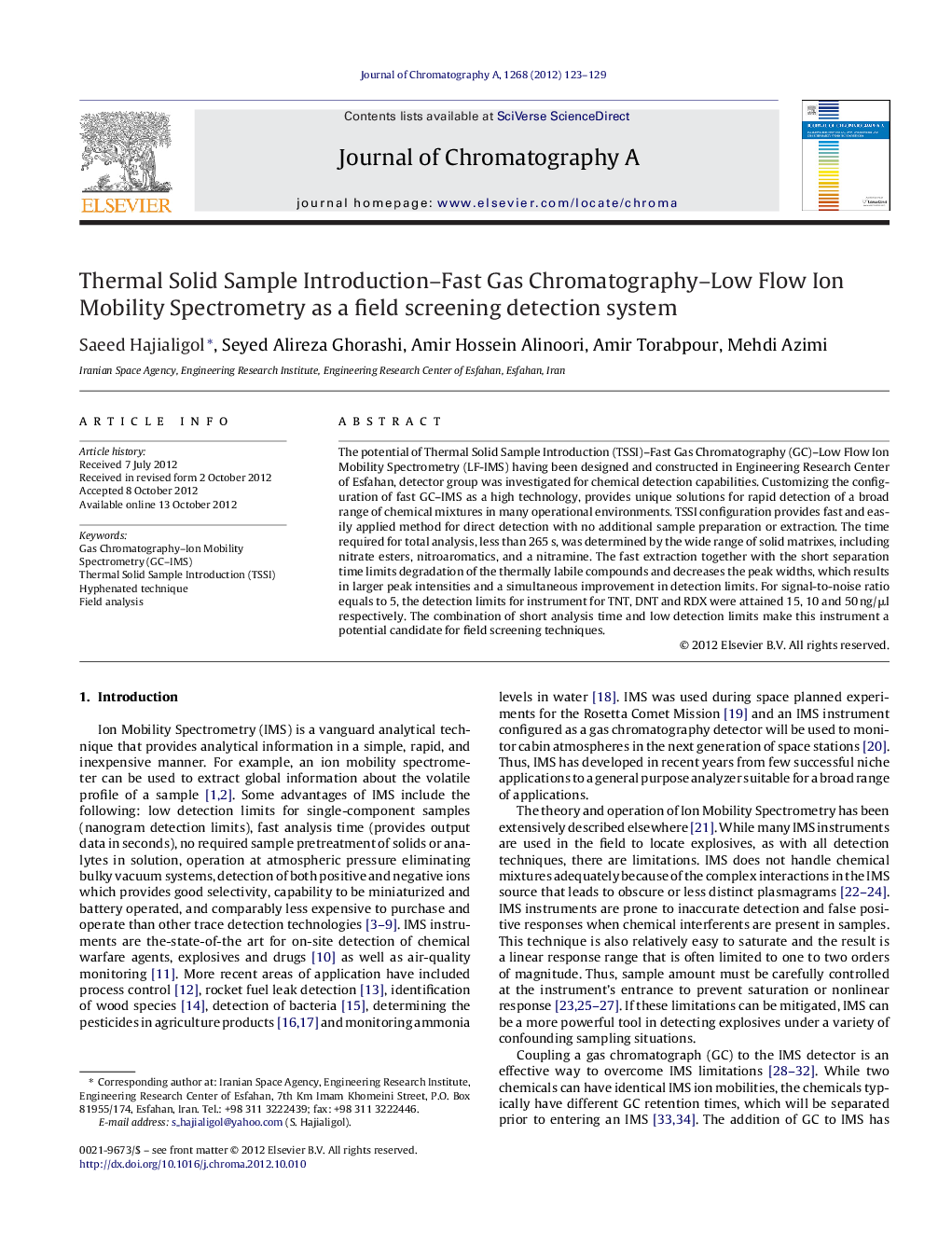 Thermal Solid Sample Introduction–Fast Gas Chromatography–Low Flow Ion Mobility Spectrometry as a field screening detection system