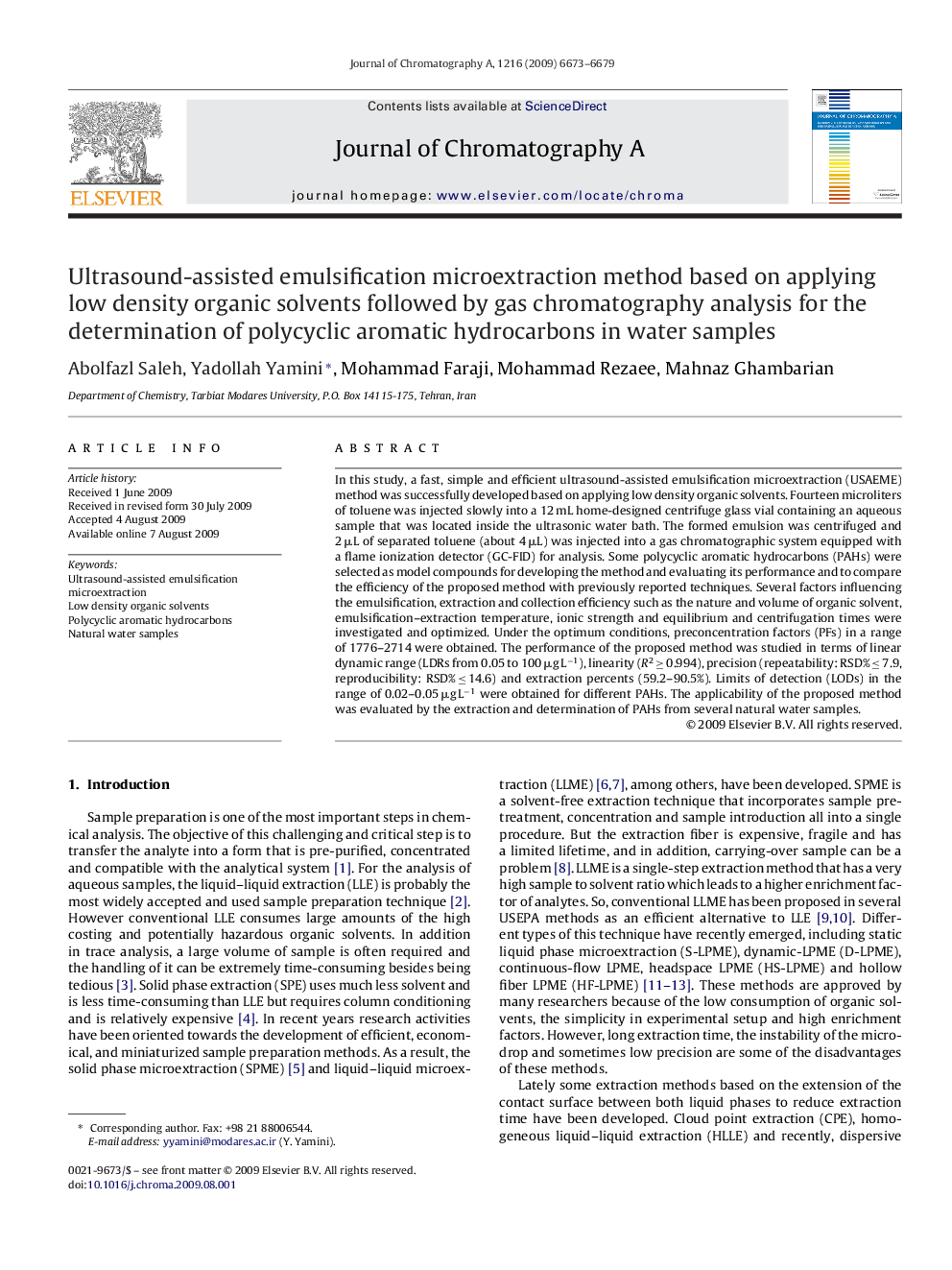 Ultrasound-assisted emulsification microextraction method based on applying low density organic solvents followed by gas chromatography analysis for the determination of polycyclic aromatic hydrocarbons in water samples