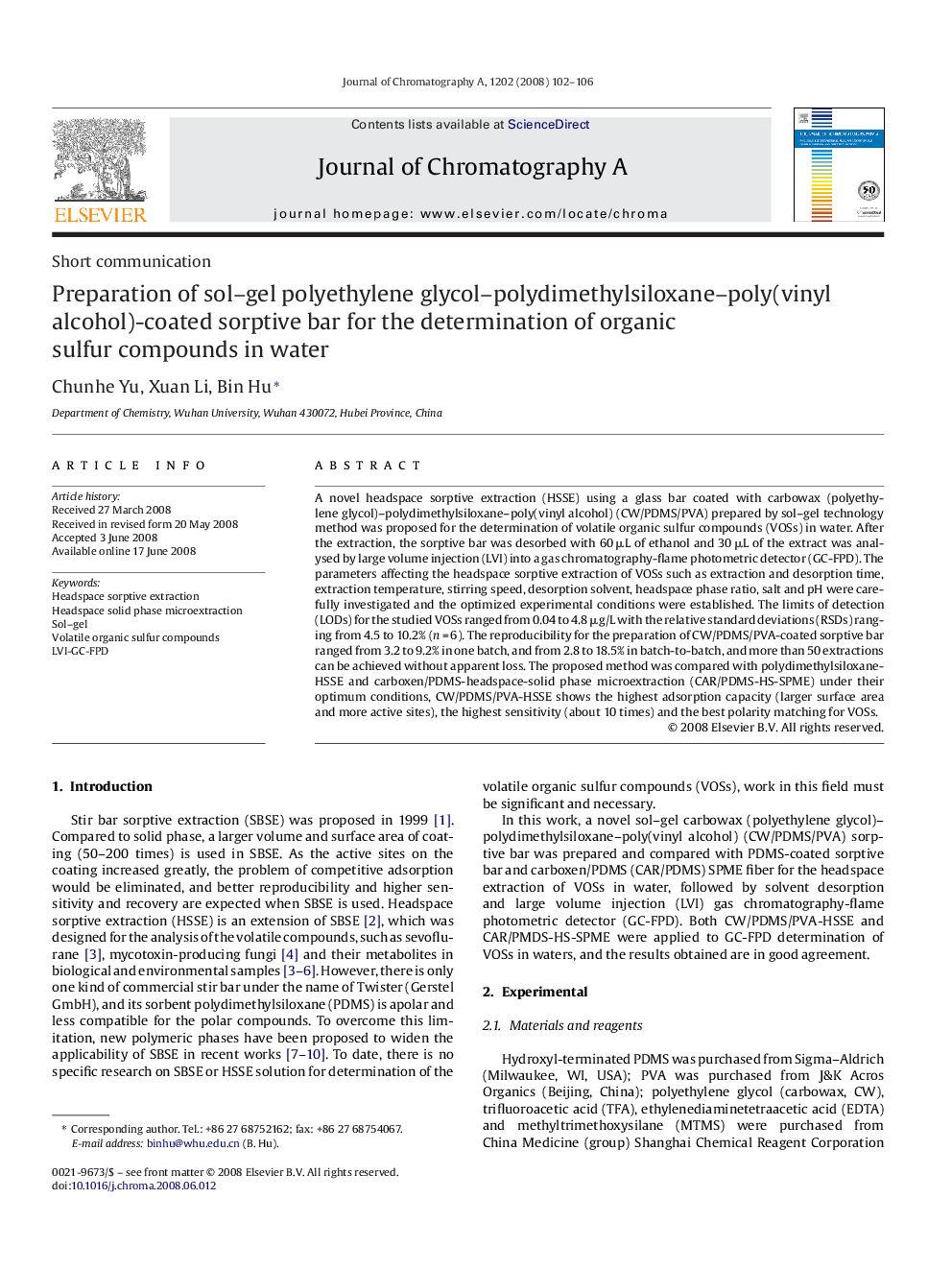 Preparation of sol–gel polyethylene glycol–polydimethylsiloxane–poly(vinyl alcohol)-coated sorptive bar for the determination of organic sulfur compounds in water