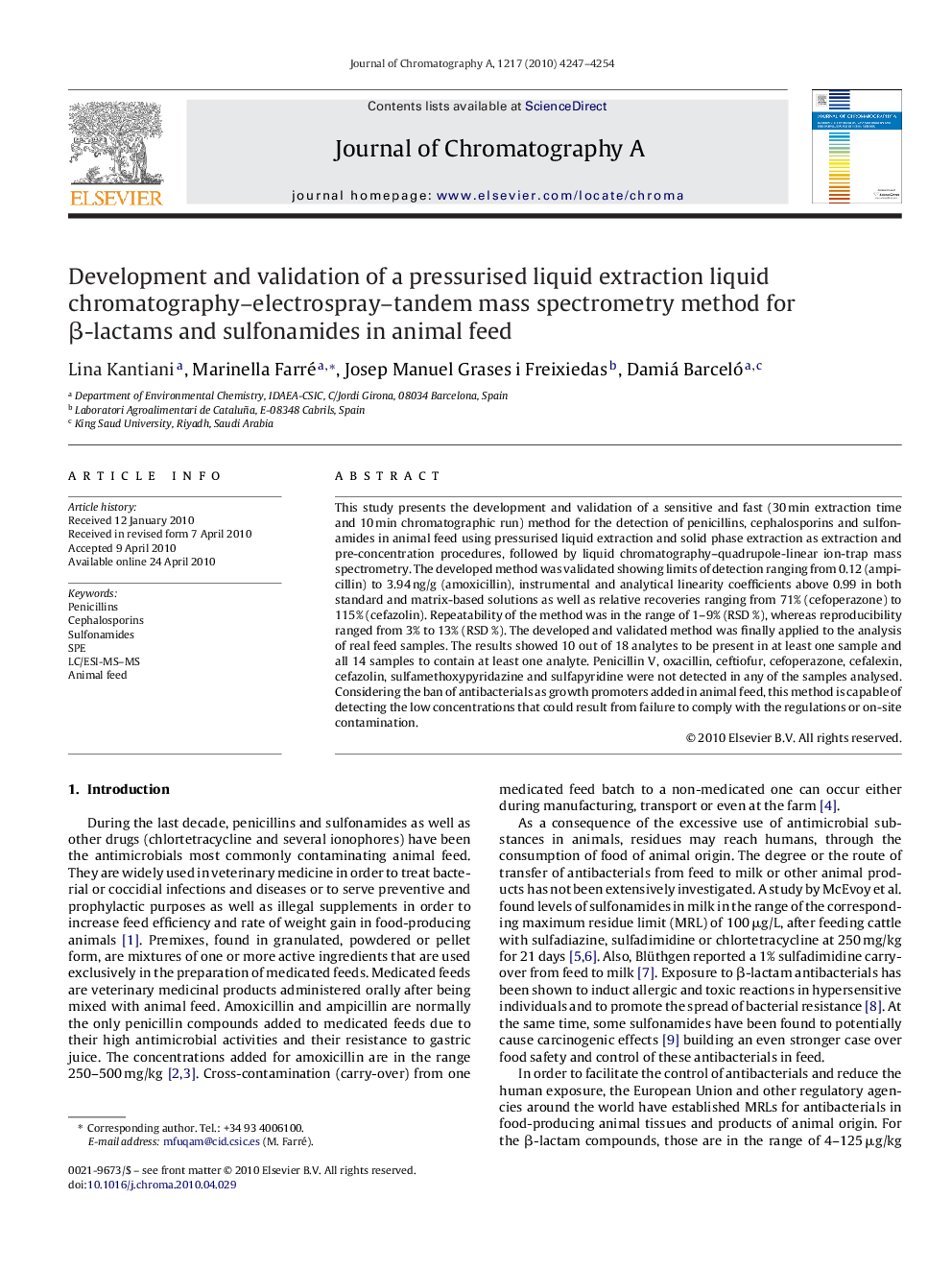 Development and validation of a pressurised liquid extraction liquid chromatography–electrospray–tandem mass spectrometry method for β-lactams and sulfonamides in animal feed