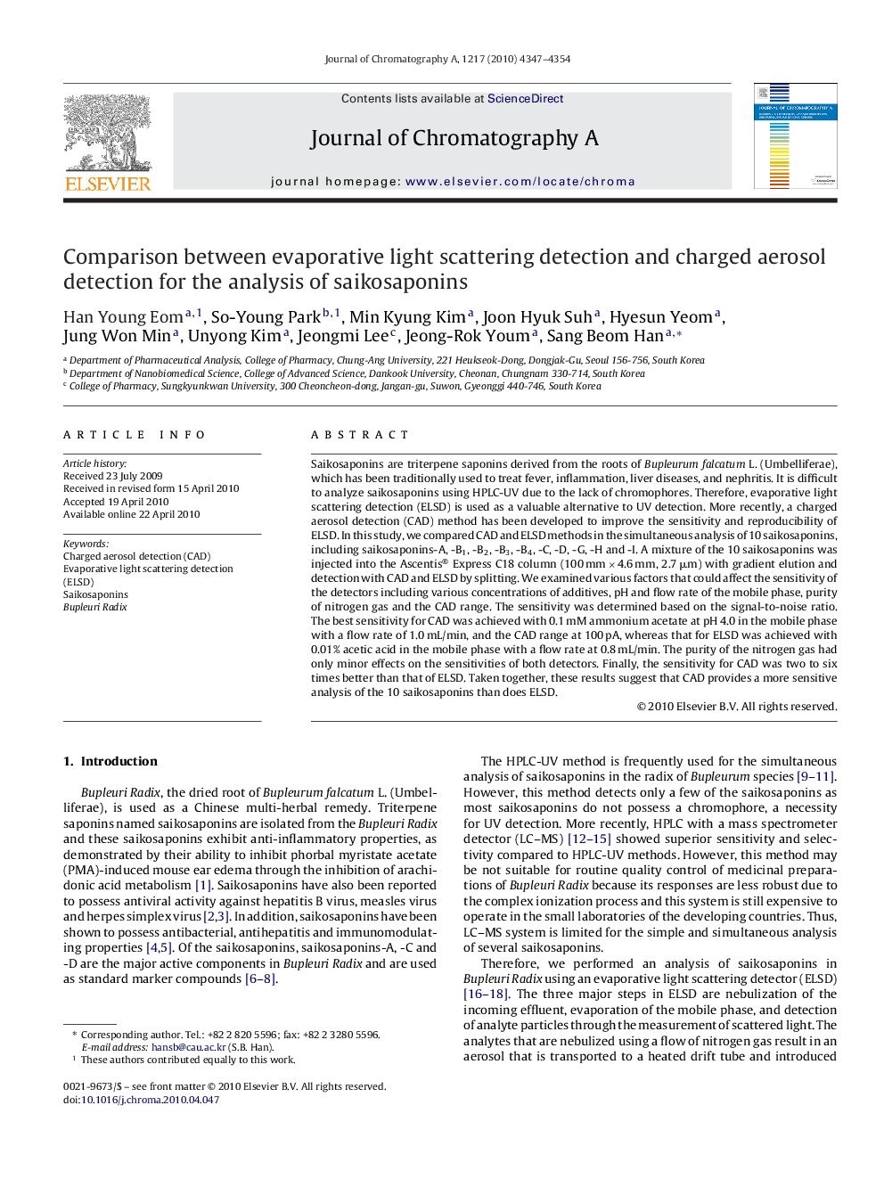 Comparison between evaporative light scattering detection and charged aerosol detection for the analysis of saikosaponins