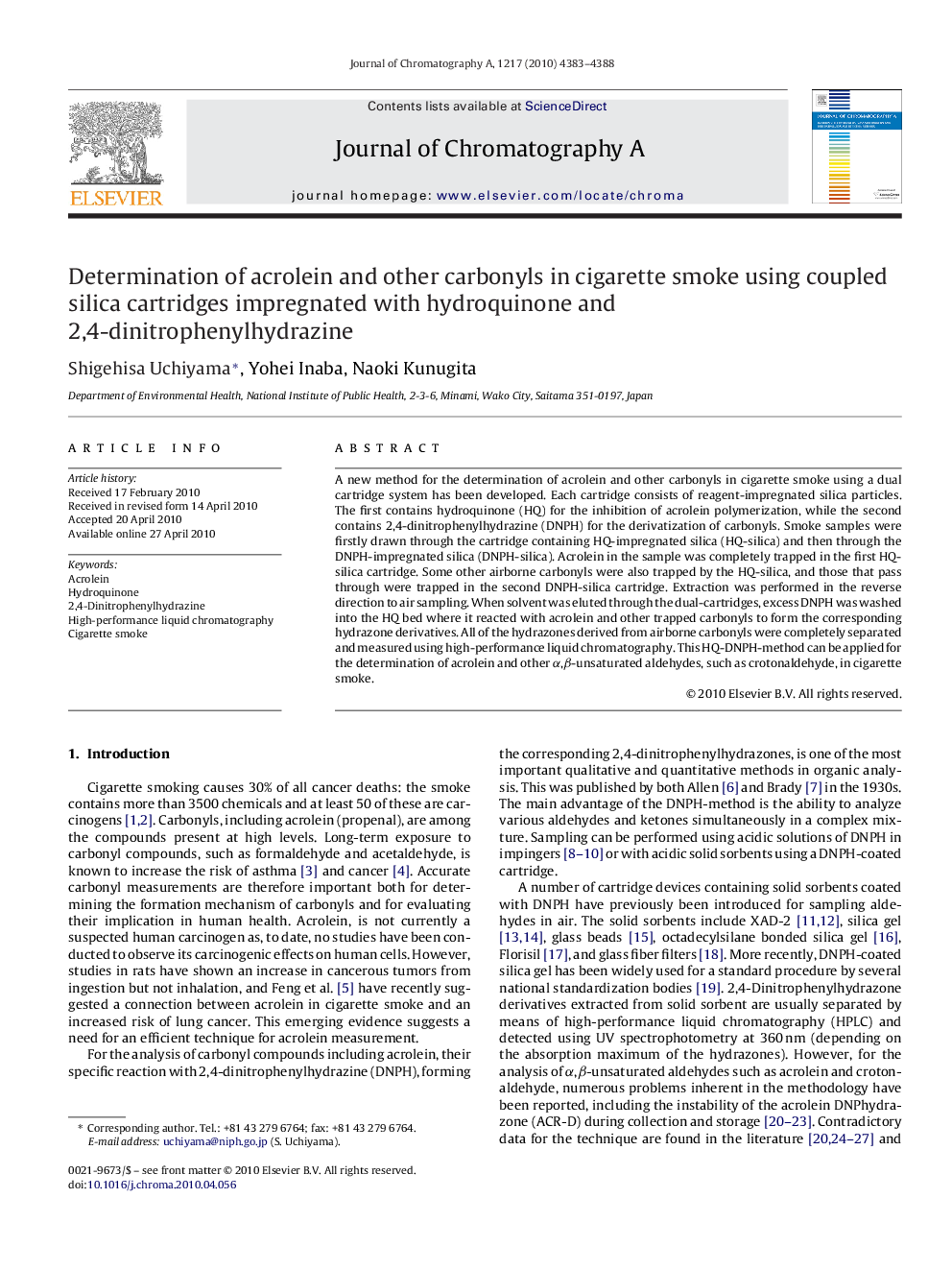 Determination of acrolein and other carbonyls in cigarette smoke using coupled silica cartridges impregnated with hydroquinone and 2,4-dinitrophenylhydrazine