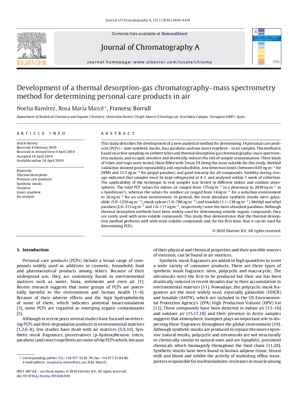 Development of a thermal desorption-gas chromatography–mass spectrometry method for determining personal care products in air