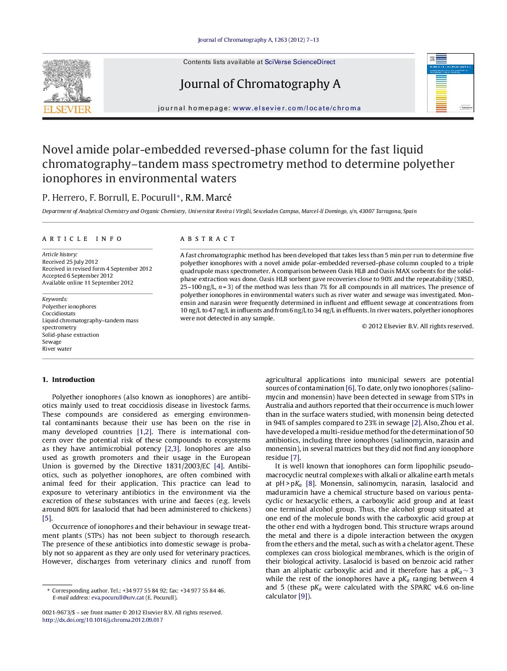 Novel amide polar-embedded reversed-phase column for the fast liquid chromatography–tandem mass spectrometry method to determine polyether ionophores in environmental waters