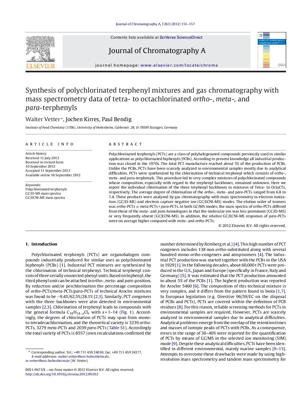 Synthesis of polychlorinated terphenyl mixtures and gas chromatography with mass spectrometry data of tetra- to octachlorinated ortho-, meta-, and para-terphenyls