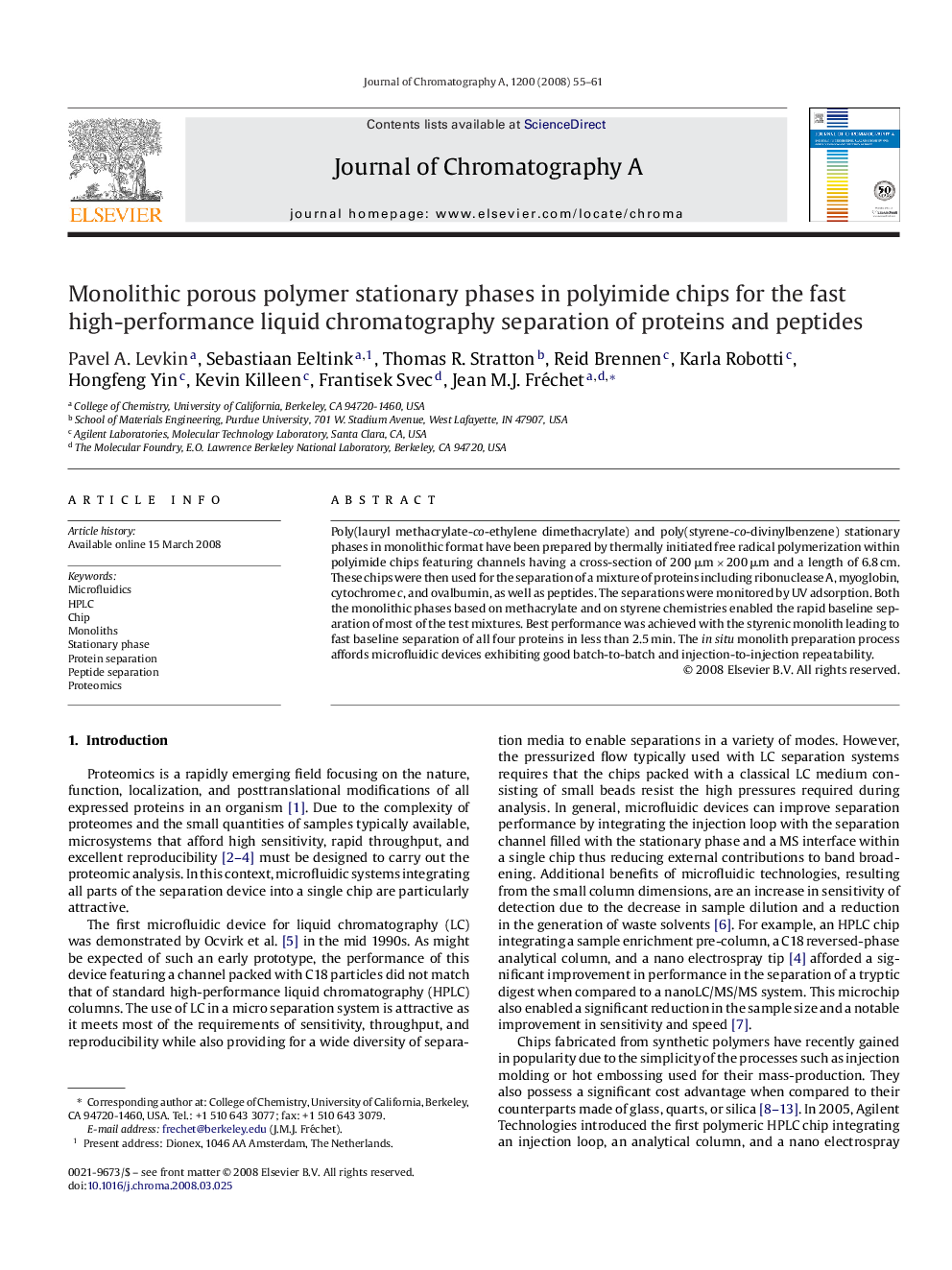 Monolithic porous polymer stationary phases in polyimide chips for the fast high-performance liquid chromatography separation of proteins and peptides