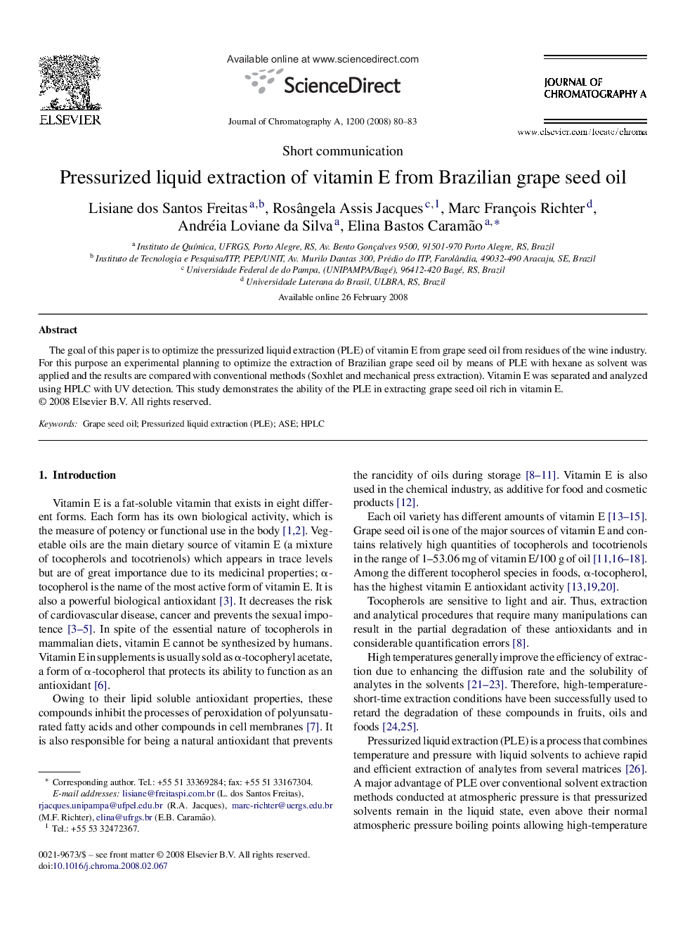 Pressurized liquid extraction of vitamin E from Brazilian grape seed oil