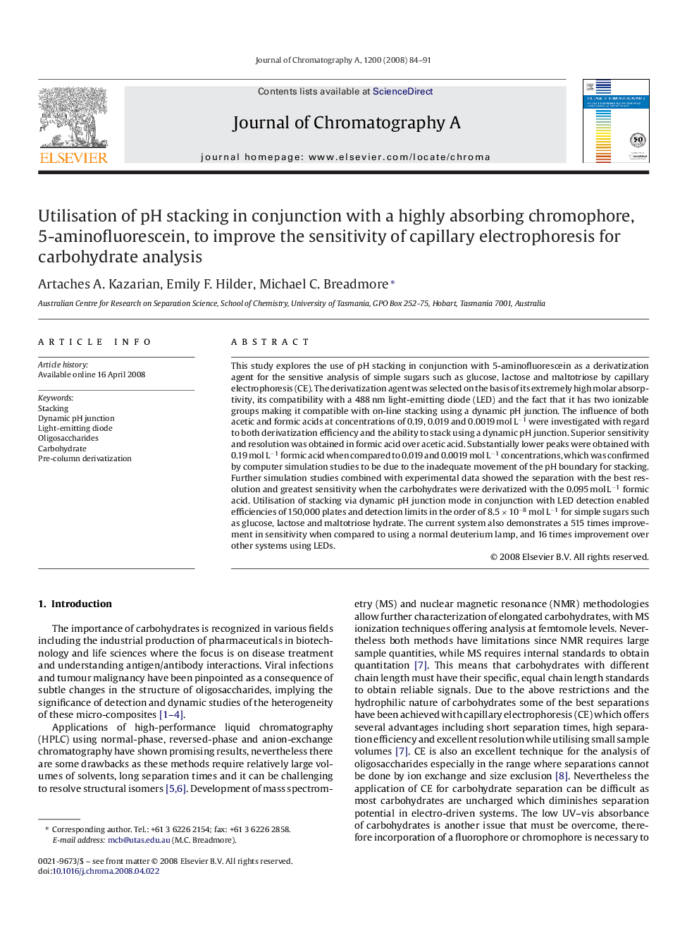 Utilisation of pH stacking in conjunction with a highly absorbing chromophore, 5-aminofluorescein, to improve the sensitivity of capillary electrophoresis for carbohydrate analysis