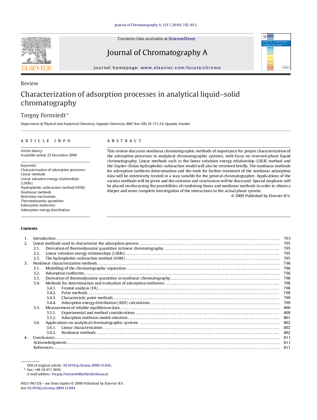 Characterization of adsorption processes in analytical liquid–solid chromatography