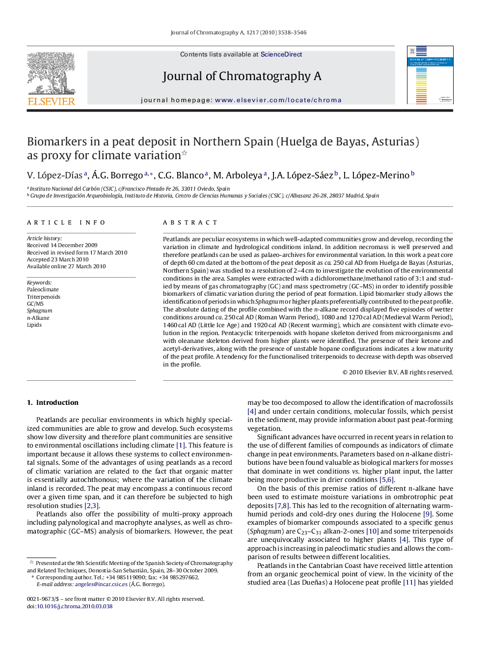 Biomarkers in a peat deposit in Northern Spain (Huelga de Bayas, Asturias) as proxy for climate variation 