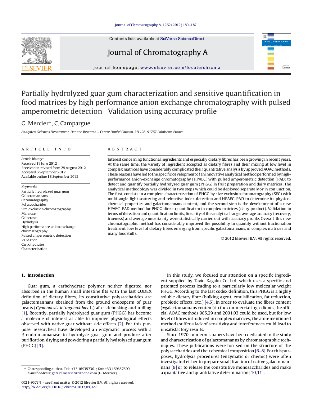 Partially hydrolyzed guar gum characterization and sensitive quantification in food matrices by high performance anion exchange chromatography with pulsed amperometric detection—Validation using accuracy profile