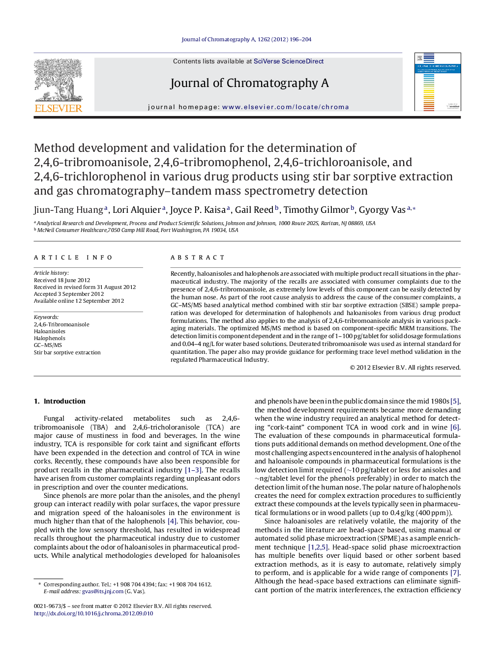 Method development and validation for the determination of 2,4,6-tribromoanisole, 2,4,6-tribromophenol, 2,4,6-trichloroanisole, and 2,4,6-trichlorophenol in various drug products using stir bar sorptive extraction and gas chromatography–tandem mass spectr