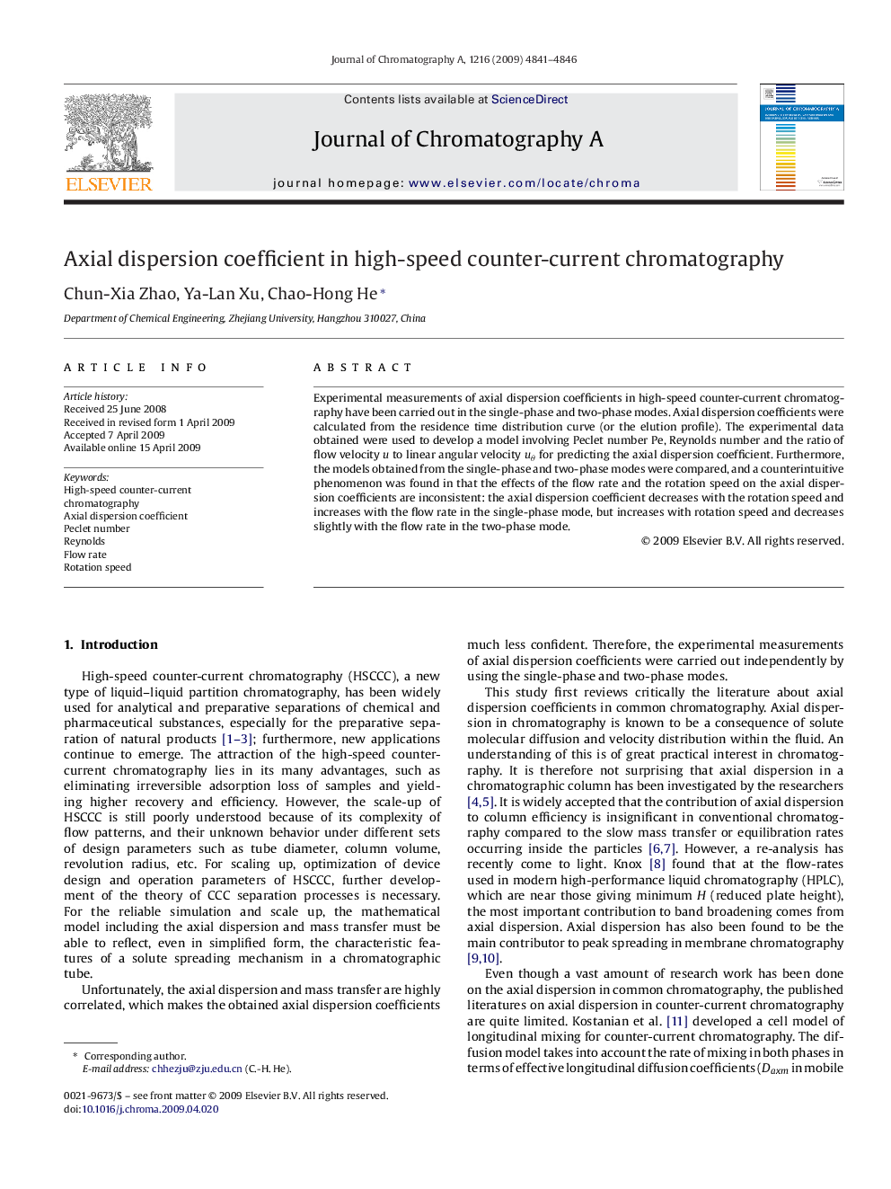 Axial dispersion coefficient in high-speed counter-current chromatography