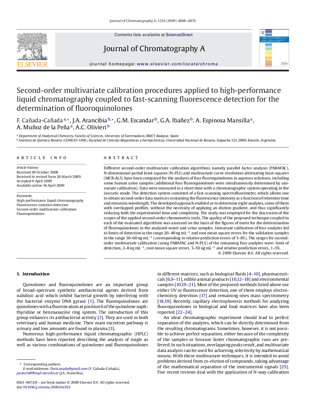 Second-order multivariate calibration procedures applied to high-performance liquid chromatography coupled to fast-scanning fluorescence detection for the determination of fluoroquinolones