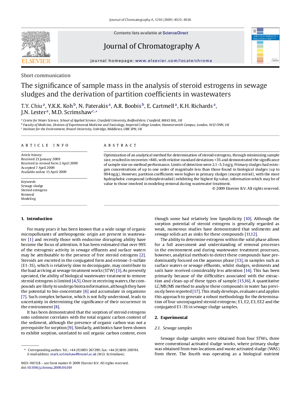 The significance of sample mass in the analysis of steroid estrogens in sewage sludges and the derivation of partition coefficients in wastewaters