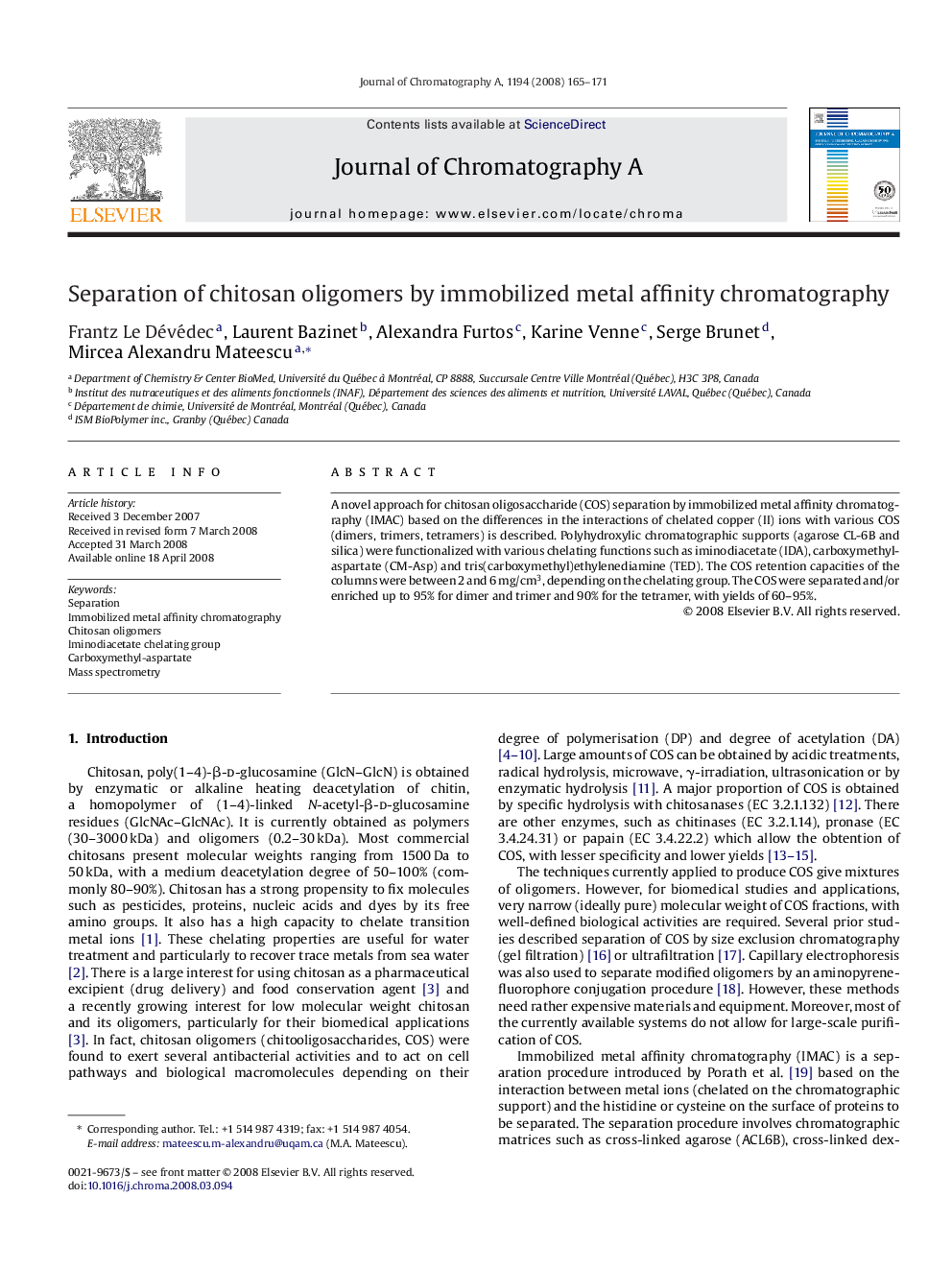 Separation of chitosan oligomers by immobilized metal affinity chromatography